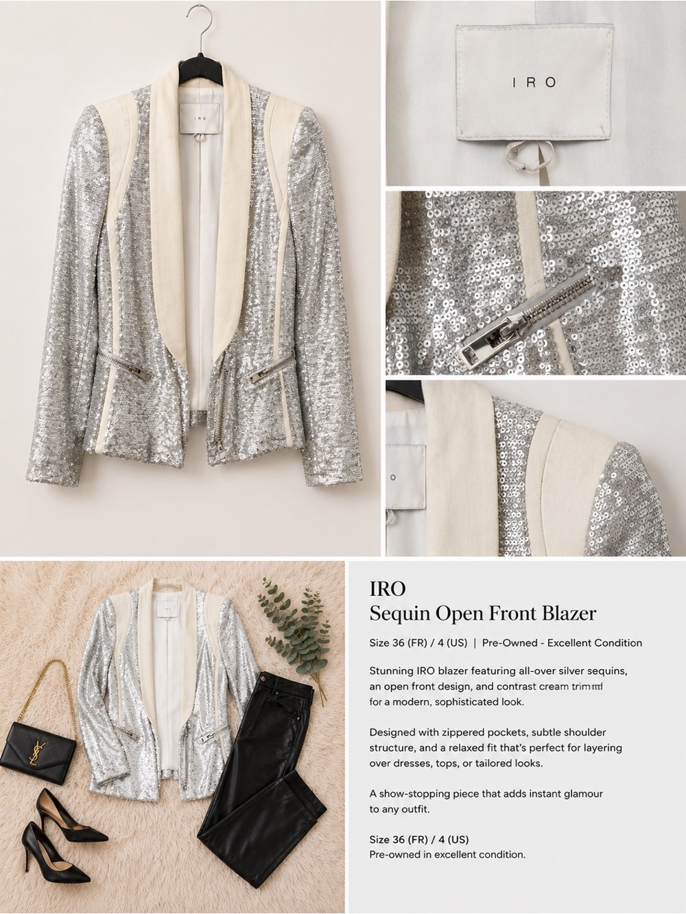 IRO Silver Sequin Blazer with Cream Trim